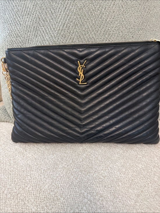 Saint Laurent Handbags - Saint Laurent Black Chevron Quilted Leather clutch/Wristlet with Gold YSL Emblem